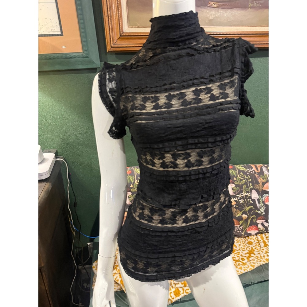 MSSP Black Lace Mock Neck Cap Sleeve coquette Victorian Gothic Sheer top Small